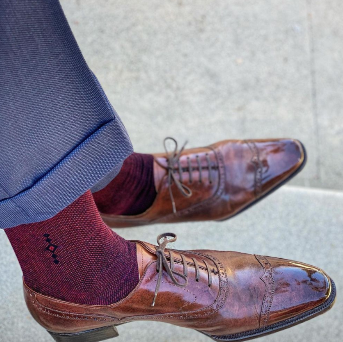 Navy Suit with Burgundy socks and brown shoes