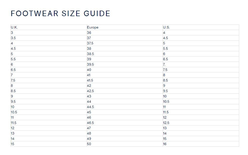 Fila Footwear Size Guide