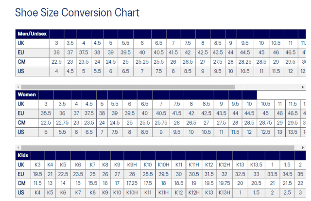 Asics Kids Shoe Size Chart